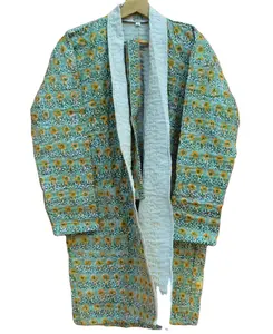 สีเขียวดอกไม้พิมพ์อินเดียมือพิมพ์ผ้าฝ้ายแจ็คเก็ตผู้หญิงใหม่เทศกาลเสื้อแฟชั่นผ้าทํามือQuit Jacket Kantha Beach - Product Image 1