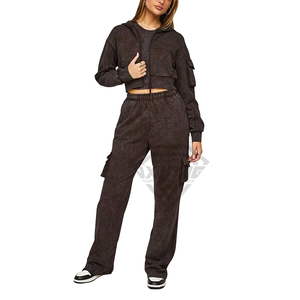 Conjunto Deportivo Unisex con Lavado Ácido Personalizado, Fabricante de Ropa Deportiva Ecológica, Sudadera con Capucha y Pantalones Cargo de Talla Grande para Mujer - Product Image 1