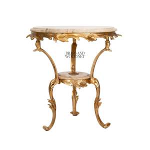 Mesa Auxiliar Redonda de Dos Niveles de Lujo con Tapa de Mármol Beige Natural y Marco de Hojas de Latón Dorado Ornamentado para Decoración de Interiores de Palacio - Product Image 2