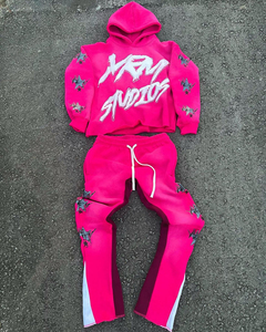 Ropa de moda Trajes de sudor personalizados Algodón Fleece Cropped Hoodie Hombres Joggers Traje 3D Puff Impresión Pantalones de chándal acampanados y conjunto de Sudadera con capucha - Product Image 3