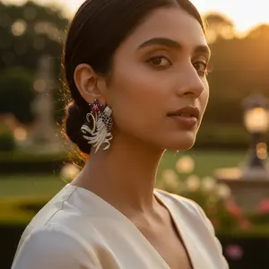 Pendientes de Plata con Forma de Pájaro Floral para Mujer, Estilo Vintage, Joyería Religiosa Cristiana con Piedras Preciosas Rojas y Coral para Regalo de Fiesta - Product Image 2