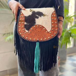 Women's Western-Style Leather Sling Bag Turquoise Carving Cowhide Fur Lightweight Multi-Use <b>Fringe</b> Border Bohemian Handbag - Product Image 1