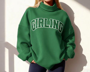 เสื้อสเวตเชิ้ตผ้าฝ้ายฟลีซเนื้อหนาคุณภาพสูงสำหรับผู้หญิง ปักลาย ตกไหล่ ทรงโอเวอร์ไซส์ คอเต่า - Product Image 1