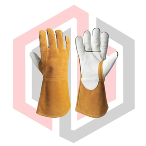 ถุงมือหนังสีขาวส้มสำหรับงานเชื่อม TIG/MIG  เสริมความแข็งแรงบริเวณฝ่ามือ ป้องกันไฟฟ้าสถิต ทนต่อการฉีกขาด ปราศจากซิลิโคนและแป้ง  11 ออนซ์ 14 นิ้ว - Product Image 1