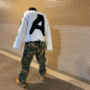 Camiseta Personalizada de Algodón Grueso Tejido para Hombre, con Bordado Estampado, Dobladillo Deshilachado, Lavado en Contraste, Estilo Hip Hop Urbano, Talla Grande - Product Image 2