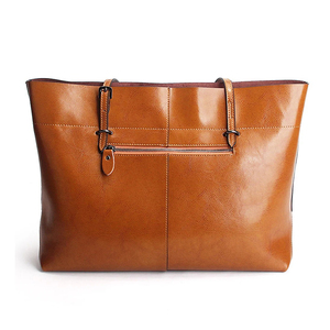 Bolsos de hombro grandes de piel auténtica con cremallera para mujer, logotipo impreso personalizado con bolsillos exteriores, lona de algodón lisa - Product Image 3