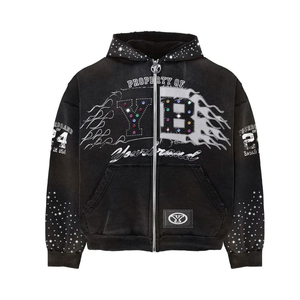 Sudadera con capucha con cremallera y diamantes de imitación de peso pesado desgastada con lavado ácido recortado y bordado de corte y costura de bloque de color personalizado Servicios OEM - Product Image 1