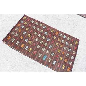 2.4x4.1 ft Turkish Vintage Rug, Small Rug, Kilim <b>Brown</b> <b>Wool</b> Rug - Product Image 4