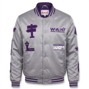 Maßgefertigte Satin-Bomberjacke für Herren Silbergrau Lila Chenille Hubschrauber-Patch Bestickt Kundenspezifisch OEM Vorne Atmungsaktiv Winddicht - Product Image 1