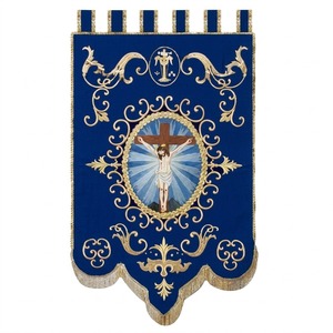 Custom Blue Velvet Church <b>Banner</b> Hand Embroidered Gold Liturgical Processional Standard <b>Banner</b> - Product Image 1