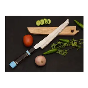 Couteau de chef en acier sanmei fait à la main sur mesure avec manche en bois de wengi et gaine en cuir fin couteau de Damas couteau de chef art - Product Image 1