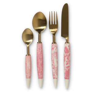 Cubiertos de Acero Inoxidable con Recubrimiento de Mármol de Alta Calidad, Mango Plano Martillado de Metal Plateado, Juego de Cubiertos para Boda - Product Image 4
