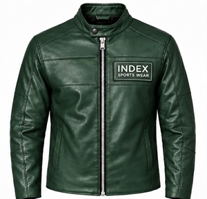INDEX SPORTS WEAR Chaqueta de Cuero PU Verde para Hombre, Estilo Motero, Cuello Alto, Cierre de Cremallera, Ropa de Otoño - Product Image 1