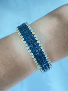 Bracelet en or vintage avec saphir bleu carré et bracelet de tennis de mode en grappe de diamants pour or 18 carats - Product Image 4