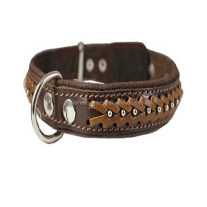 Élégant collier de chien en cuir personnalisé avec des clous ternes et un design tressé à la main avec des raccords en acier inoxydable nickelés de toutes tailles - Product Image 6