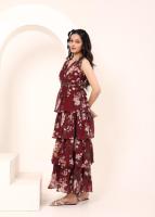 Robe Maxi à Volants en Mousseline de Soie Maroon à Imprimé Floral, Tenue de Soirée et de Soirée Élégante Disponible Grande Taille au Prix de Gros