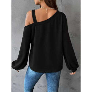 Blusa de viscosa de dos hilos con detalle de tirante en un solo hombro y manga larga para mujer, 30199 - Negro - Product Image 2