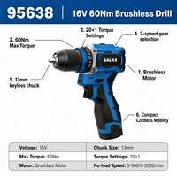 Perceuse sans fil 16V sans balais 60 Nm, mandrin auto-serrant 13 mm, visseuse portable