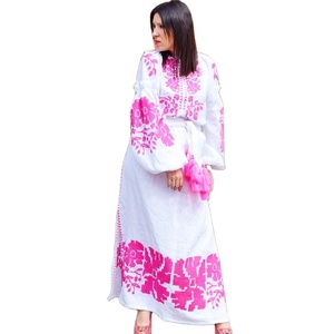 Vestido de fiesta de algodón de manga larga bordado, Rosa - Product Image 2