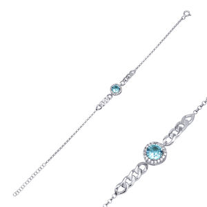 Aigue-marine CZ pierre forme ronde bracelet à breloques en gros 925 bijoux en argent Sterling turc fait à la main - Product Image 5