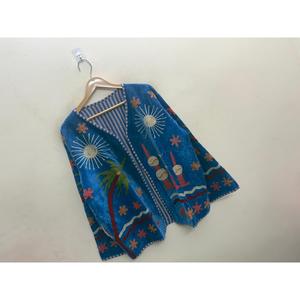 Cobalt Blue Suzani-Embroidered <b>Velvet</b> <b>Jacket</b> Desert Nightfall Outerwear with Sunburst & Palm Motifs - Product Image 1