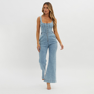 ชุดรอมเปอร์ผ้ายีนส์สำหรับผู้หญิงชุดรัดรูปปักบนกระชับสัดส่วนยกก้น - Product Image 3