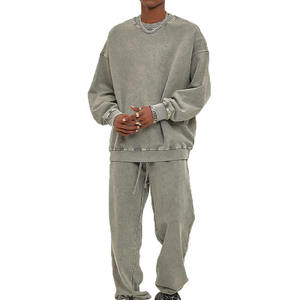 100% algodón sudadera Jogger Suit hombres Vintage ácido lavado cuello redondo sudadera hombres pantalones de chándal sudadera chándal - Product Image 1