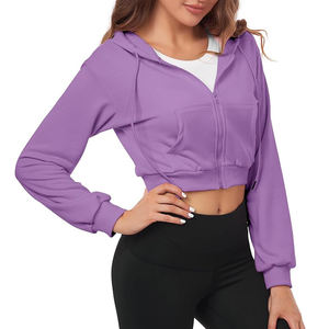Color púrpura mujeres crop top sudaderas con capucha Logotipo personalizado vintage ropa mujer algodón Terry Wash zip crop HOODIE - Product Image 3