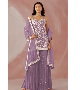 ملابس بوليوود العرقية الحصرية من المصمم الهندي ، بدلة جورجيت بنجابي مكشكشة من الشارا بالازو بأسعار معقولة
