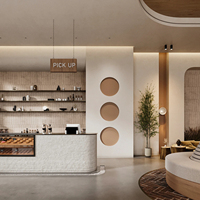 Meubles de comptoir de boulangerie modernes personnalisés, tables et chaises en gros, design d'intérieur de boulangerie, rendu 3D