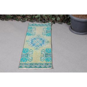 Alfombra de 1.2x3.37 pies, Alfombra Turca Vintage Pequeña, Alfombra de Lana Azul - Product Image 1