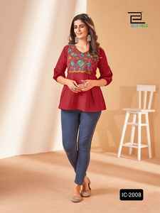 Indian Ethnic Wear Short Cotton Silk <b>Tops</b> in Heavy Embroidery Multi Color Ready to Wear Short Fancy Kurtis with Plus Size - Product Image 3