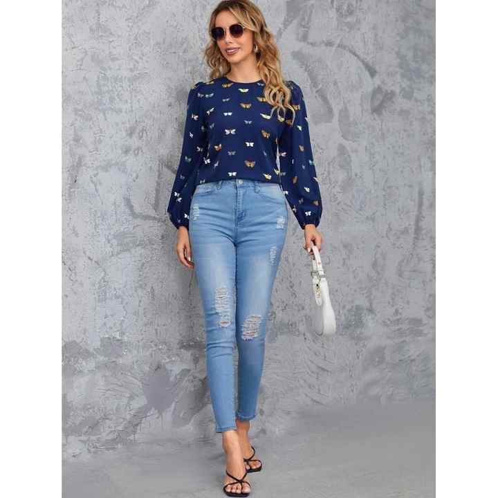 Women's Long Sleeve Butterfly Print Navy Blue Diver Blouse