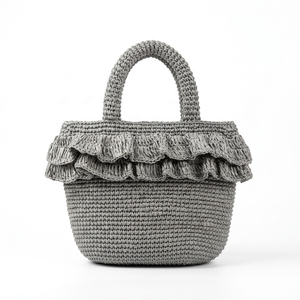 Sac fourre-tout gris en raphia tressé à deux poignées, durable, avec bandoulière à volants, fermeture ouverte, tricoté, pour la plage et les voyages, pour femme - Product Image 1