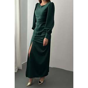 <b>Emerald</b> Side Gathered Slit Satin <b>Dress</b> - <b>Emerald</b> - Product Image 4