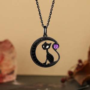Collier personnalisé Jeulia Chat Noir sur la Lune avec pierre de naissance et motif dessin animé - Product Image 4