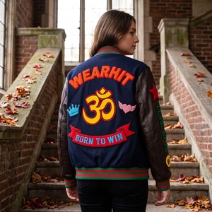 Chaqueta Varsity con Parches de Chenille, Color Azul Marino, Mangas de Cuero Marrón, Chaqueta Letterman con la Inscripción Born To Win, OEM - Product Image 5