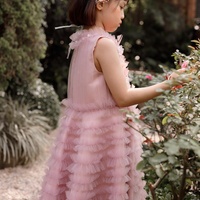 Robe longue en tulle premium pour enfant, sans manches, avec perles, paillettes et plumes d'autruche, ODM, rose, pour bébé fille