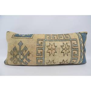 Geometric Kilim Patterned Wool Pillow 16x36 Inch <b>Beige</b> Vintage Fluffy Decorative Accent <b>Cushion</b> for Floor Use - Product Image 1
