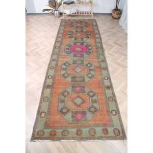 Turkish Vintage <b>Runner</b> <b>Rug</b> 4x12.8 ft (122x390 cm), Orange Bordered <b>Rug</b> - Product Image 1