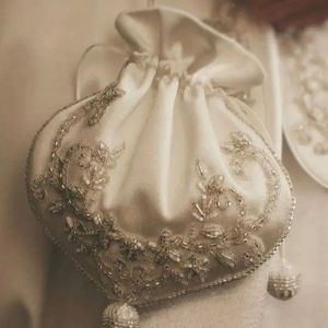 Designer <b>White</b> Silk Satin <b>Evening</b> <b>Bag</b> Potli Wrist <b>Bag</b> Embellished Crystal Glass Beads Pearls Embroidery for Party Wedding 2024 - Product Image 1