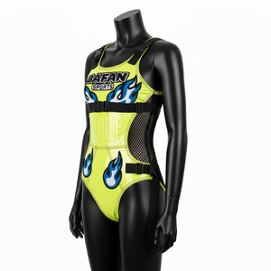 Traje de baño premium de 240 GSM de poliéster y spandex, color verde neón, con paneles, tirantes de malla y logotipo personalizado con parche para mujer. - Product Image 5