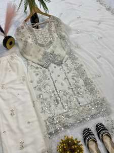 Conjunto de traje Sharara de seda Simmer, ropa de fiesta India paquistaní lista para usar, ropa de boda tradicional cosida Salwar Kameez Dupatta - Product Image 2