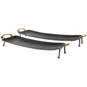Modern Farmhouse <b>Black</b> Metal Tray with Gold Handles | <b>Decorative</b> Elevated Serving Platter - Product Image 1