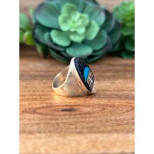Gilbert Smith Men's Rhodium Plated Sterling Silver <b>Turquoise</b> Inlay <b>Ring</b> Geometric Pattern Size 11.5 - Product Image 3