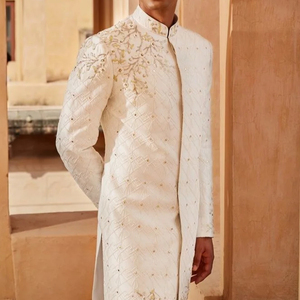2023 White Sherwani Wedding Suit with Zari Embroidery Breathable <b>Pant</b> Shoe Dress Decent Design for Plus Sizes Party-Wear/Wedding - Product Image 1