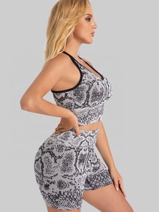 Snake Print Racerback <b>Crop</b> <b>Top</b> High Waist Shorts 2 Piece Yoga Set Four-Way Stretch Seamless Spandex Polyester - Product Image 5