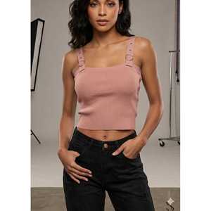 Mybeefashion Women's Powder Pink Ring Detail Knitted Crop <b>Pullover</b> <b>Sweater</b>, Wool Blend Acrylic Short Length Top - Product Image 1