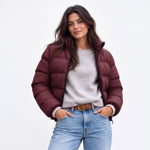 Chaqueta Acolchada de Invierno para Mujer, Color Borgoña, con Cuello Alto y Cierre de Cremallera, Chaqueta Corta con Cuello Camisero y Cierre de Cremallera, Ligera - Product Image 1