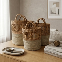 Ensemble de paniers de rangement en jonc de mer et jacinthe d'eau naturels, avec grille à lattes ouvertes et poignée en arche, pour pot de fleurs, organisateur et décoration, design artistique pur